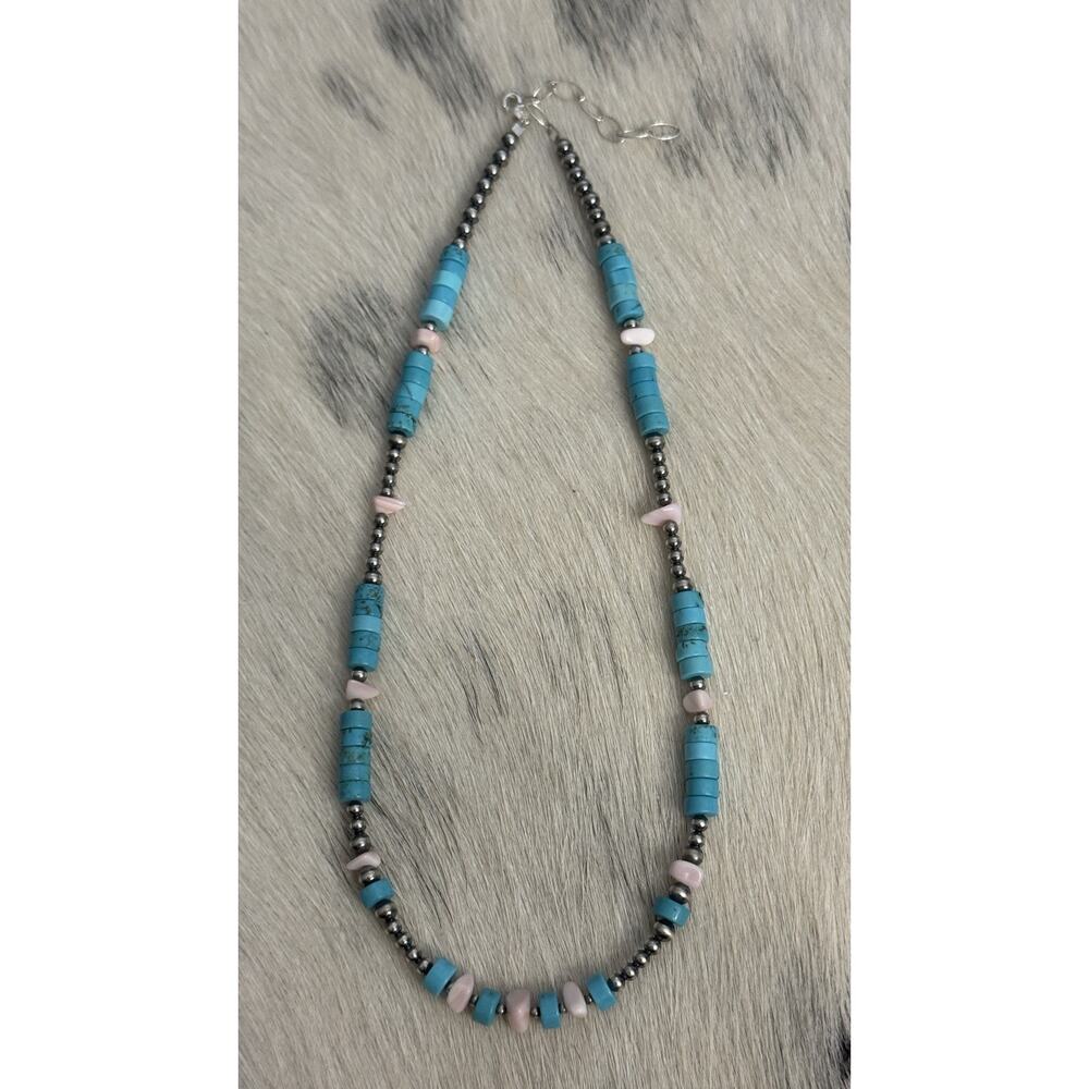 Sterling Silver Navajo Pearl Turquoise HEISHI Conch Nuggets Necklace 16.5-18.5” - Picture 2 of 12